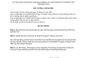 Quyết định 22/2010/QĐ-TTg  Quy chế hoạt động Khu kinh tế Nam Phú Yên, tỉnh Phú Yên