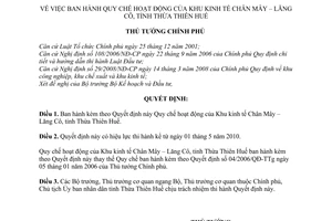 Quyết định 29/2010/QĐ-TTg  Quy chế hoạt động khu kinh tế Chân Mây – Lăng Cô, tỉnh Thừa Thiên Huế