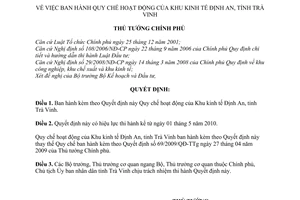 Quyết định 27/2010/QĐ-TTg Quy chế hoạt động Khu kinh tế Định An, tỉnh Trà Vinh
