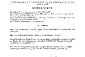 Quyết định 24/2010/QĐ-TTg  Quy chế hoạt động Khu kinh tế mở Chu Lai, tỉnh Quảng Nam