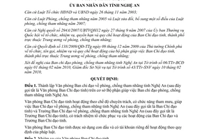 Quyết định 20/2010/QĐ-UBND thành lập Văn phòng Ban chỉ đạo phòng chống tham nhũng Nghệ An