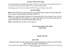 Quyết định 549/QĐ-UBND năm 2010 phối hợp đảm bảo vệ sinh an toàn thực phẩm Bến Tre