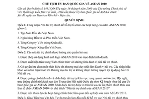 Quyết định 92/QĐ-UBQGASEAN công nhận Nhà tài trợ chính để hỗ trợ tổ chức các hoạt động  năm ASEAN 2010