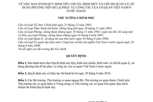 Quyết định 30/2010/QĐ-TTg  tiêu chuẩn, định mức chế độ quản lý, sử dụng phương tiện đi lại phục vụ công tác cơ quan Việt Nam ở nước ngoài