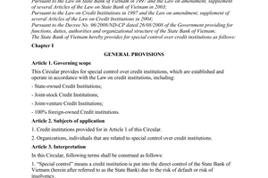 Circular No. 08/2010/TT-NHNN, providing for special control over credit institut