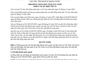 Nghị quyết 09/2010/NQ-HĐND chi đón tiếp khách nước ngoài vào làm việc tại Tây Ninh