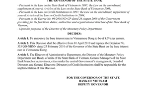 Decision No. 618/QD-NHNN, on the base interest rate in Vietnam dong