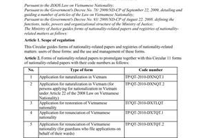 Circular No. 08/2010/TT-BTP guiding forms of nationality related papers and regi