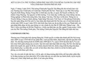 Thông báo 88/TB-VPCP  kết luận Thủ tướng Chính phủ Nguyễn Tấn Dũng lãnh đạo thành phố Hà Nội