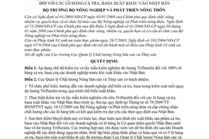 Quyết định 733/QĐ-BNN-QLCL áp dụng biện pháp kiểm tra tăng cường dư lượng trifluralin các lô hàng cá tra, basa xuất khẩu vào Nhật Bản
