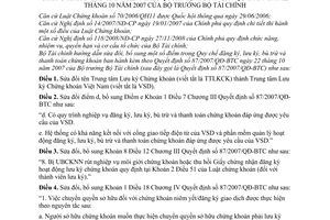 Thông tư 43/2010/TT-BTC sửa đổ iQuyết định 87/2007/QĐ-BTC Quy chế đăng ký, lưu ký, bù trừ thanh toán chứng khoán
