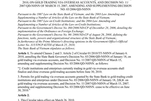 No. 10/2010/TT-NHNN amending clauses Circular No. 01/2010/TT-NHNN