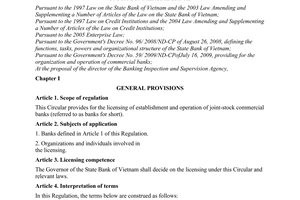 No. 09/2010/TT-NHNN providing for the licensing of establishment and operation