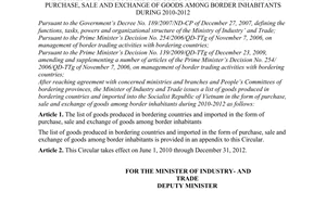 Circular No. 10/2010/TT-BCT issuing a list of goods produced in bordering