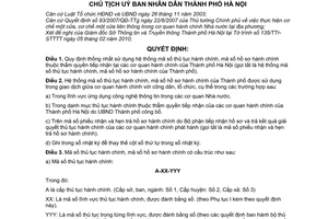 Quyết định 1397/QĐ-UBND  hệ thống mã số thủ tục hành chính, mã số hồ sơ hành chính  thẩm quyền tiếp nhận, giải quyết tại các cơ  thành phố Hà Nội