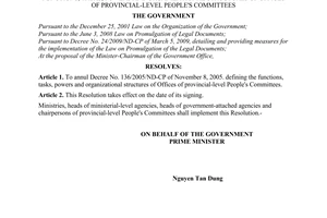 No. 16/NQ-CP annulling Decree no. 136/2005/ND-CP of November 08, 2005