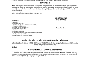 Quyết định 411/QĐ-BXD  công bố tập Suất vốn đầu tư xây dựng công trình năm 2009