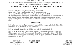 Nghị quyết liên tịch 15/NQLT/CP-TANDTC-VKSNDTC Quy chế phối hợp công tác giữa Chính phủ Tòa án nhân dân tối cao, Viện Kiểm sát nhân dân tối cao