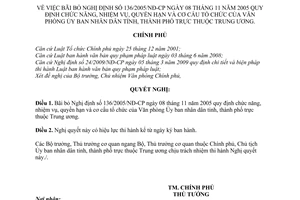 Nghị quyết 16/NQ-CP bãi bỏ Nghị định 136/2005/NĐ-CP chức năng, nhiệm vụ, quyền hạn cơ cấu tổ chức Văn phòng Ủy ban nhân dân t