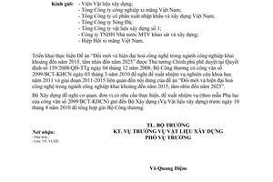 Công văn 18/BXD-VLXD đăng ký đề xuất nhiệm vụ thực hiện kế hoạch năm 2011 giai đoạn 2011-2015 đề án Đổi mới hiện đại hoá công nghệ