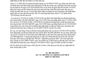 Công văn 3755/BTC-CST áp dụng Biểu thuế nhập khẩu