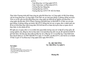Công văn 1962/BGTVT-KHCN tuyển chọn cơ quan chủ trì thực hiện đề tài chương trình phối hợp Bộ Khoa học Công nghệ