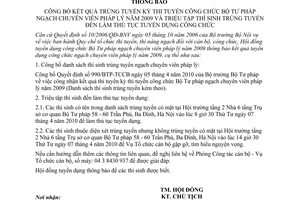 Thông báo 901/TB-HĐTDCC công bố kết quả trúng tuyển kỳ thi tuyển công chức Bộ Tư pháp ngạch chuyên viên pháp lý năm 2009