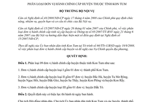 Quyết định 291/QĐ-BNV năm 2010 phân loại đơn vị hành chính tỉnh Kon Tum