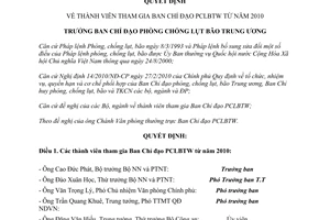 Quyết định 53/QĐ-PCLBTW năm 2010 về thành viên tham gia Ban Chỉ đạo phòng, chống