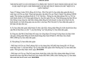 Thông báo 43/TB-VP-CCHC kết luận chỉ đạo Phó Chủ tịch Ủy ban nhân dân quận