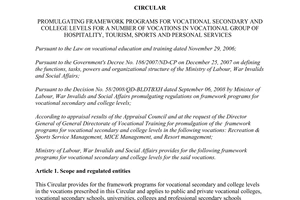 Circular 12/2010/TT-BLDTBXH promulgating framework programs vocational secondary college levels