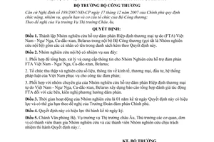 Quyết định 1803/QĐ-BCT Thành lập Nhóm nghiên cứu hỗ trợ đàm phán Hiệp định thương mại tự do (FTA) Việt Nam - Nga/ Nga, Ca-dắc-xtan, Belarus