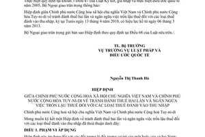 Thông báo 18/2013/TB-LPQT Hiệp định tránh đánh thuế hai lần Việt Nam Tuy-ni-di