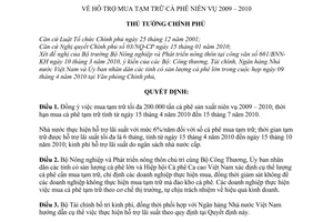 Quyết định 481/QĐ-TTg  hỗ trợ mua tạm trữ cà phê niên vụ 2009 – 2010