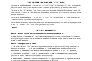 Circular No. 15/2010/TT-BCT on implementation of the rules of origin provided