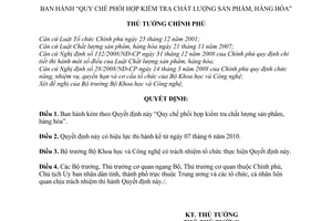 Quyết định 36/2010/QĐ-TTg Quy chế phối hợp kiểm tra chất lượng sản phẩm, hàng hóa