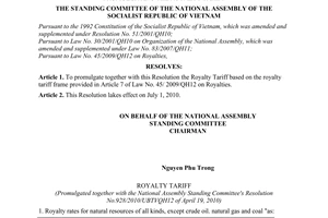 Resolution No. 928/2010/UBTVQH12 promulgating the royalty tariff