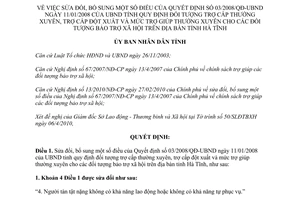 Quyết định 11/2010/QĐ-UBND sửa đổi mức trợ giúp thường xuyên cho đối tượng bảo trợ xã hội Hà Tĩnh