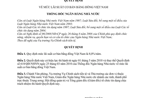 Quyết định 1011/QĐ-NHNN mức lãi suất cơ bản bằng đồng Việt Nam
