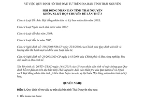 Nghị quyết 08/2010/NQ-HĐND quy định hỗ trợ đầu tư trên địa bàn tỉnh Thái Nguyên