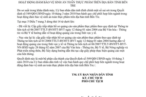 Quyết định 780/QĐĐC-UBND 2010 phối hợp liên ngành vệ sinh an toàn thực phẩm Bến Tre