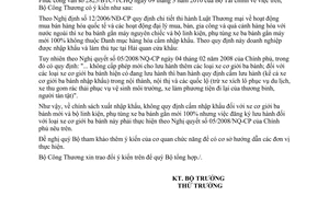 Công văn 3327/BCT-XNK nhập khẩu linh kiện, phụ tùng xe cơ giới ba bánh mới 100%