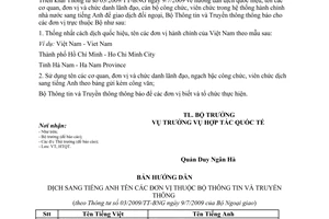 Công văn 962/BTTTT-HTQT dịch tên các cơ quan, đơn vị chức danh cán bộ công chức sang tiếng Anh