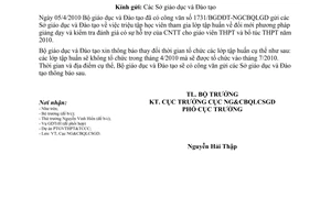 Công văn 1981/BGDĐT-NGCBQLGD thay đổi thời gian tập huấn, đổi mới phương pháp dạy học kiểm tra đánh giá có sự hỗ trợ công nghệ thông tin