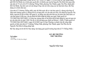 Công văn 663/BXD-TTr khiếu nại bà Nguyễn Thị Hiền căn nhà số 73