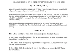 Quyết định 292/QĐ-BNV năm 2010 phân loại đơn vị hành chính Bình Định