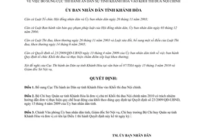 Quyết định 16/2010/QĐ-UBND bổ sung Cục Thi hành án Dân sự vào Khối thi đua Nội chính Khánh Hòa