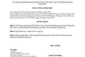 Quyết định 663/QĐ-TTg bổ nhiệm bà Hồ Thị Kim Thoa giữ chức Thứ trưởng