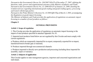 Circular No. 22/2010/TT-BCT on the application of automatic import licenses