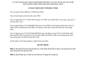 Quyết định 53/2010/QĐ-UBND chế độ hỗ trợ đầu tư xây dựng dự án nước sạch nông thôn Bắc Ninh